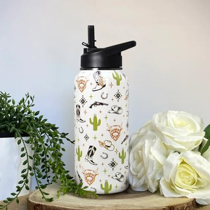 32oz Western Stainless Insulated Aater Water Bottle with Straw,Western Cow Skull Gym Hiking Sports Coffee Mug Cup Water Bottles,Western Cow Skull Cowboy Copper Cowgirl Decor Stuff Accessories - Image 6