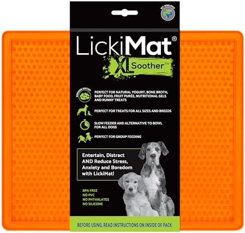LickiMat X Large Breed Soother Dog Lick Mat, Dog Calmer, Slow Feeder, Anxiety Reliever Alternative to Puzzle Toys, Slow Feeding Bowls. Use Peanut Butter, Wet, Raw, Mixed Food, Healthy Treats - Orange by LICKIMAT