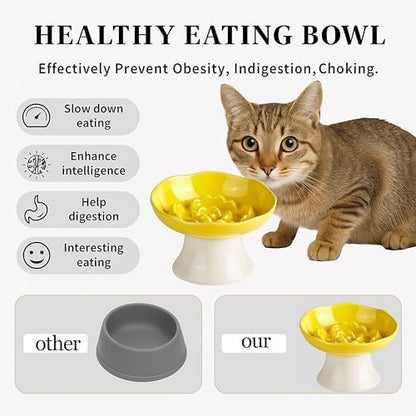 Ceramic Slow Feeder Bowl for Cats and Small Dogs, Elevated Tilted Pet Food Dish, Whisker Friendly Anti-Vomit Design, Heavy Stable Base, Dishwasher Safe， 5 Colors Options (Lemon Yellow) - Image 4