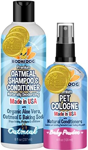 Bodhi Dog Baby Powder Scented Cat & Dog Cologne 4oz + Oatmeal Dog Shampoo & Conditioner for Pet Grooming 8oz | Moisturizing Shampoo for Sensitive Skin | Grooming Bundle by BodhiDog