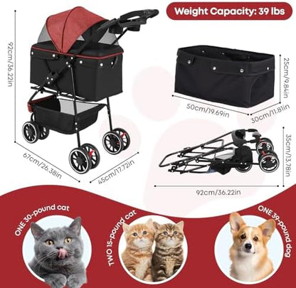 Pet Stroller,Dog Stroller for Small Medium Dogs Cats,3 Wheels,Red+Black - Image 2