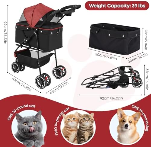 Pet Stroller,Dog Stroller for Small Medium Dogs Cats,3 Wheels,Red+Black - Image 2