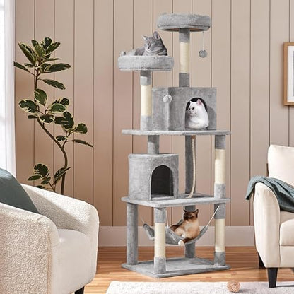 Yaheetech Cat Tree Tower, 70.5in Multi Level Cat Tree Kitten Condo with 2 Condos & 2 Plush Perches & Scratching Post & Dangling Ball, Cat Tower Furniture for Play & Rest Light Gray - Image 2