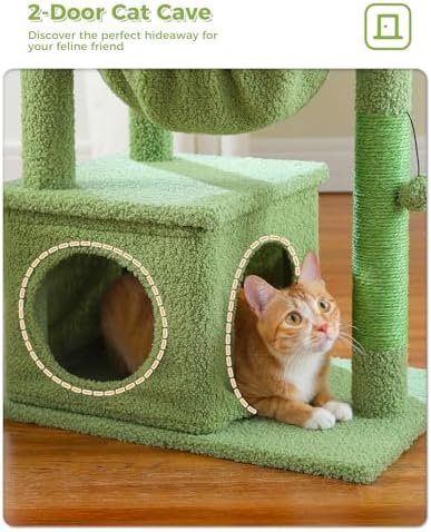 MUTTROS Cactus Cat Tree, 47.6" Cat Tower with 2 Metal Frame Hammock, Cat Scratching Post for Indoor Cats with 2 Removable Pompom Sticks for Kittens, Green - Image 5