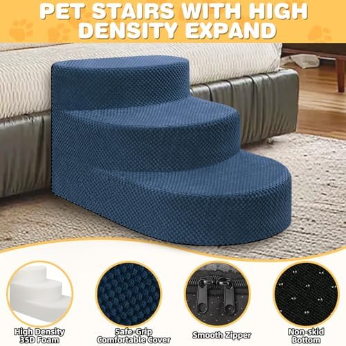 Dog Stairs 3 Steps Foam Pet Ramp for Small Dogs Cats, Navy Blue - Image 3