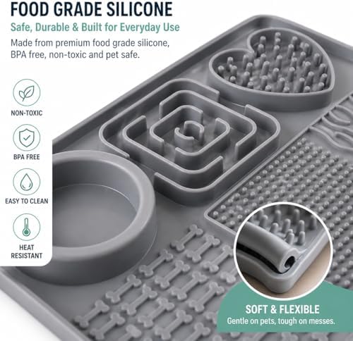 6-Zone Dog Lick Mat & Slow Feeder – Silicone Enrichment Feeding Mat for Dogs & Cats – Anxiety Relief, Slows Eating, Suction Cup, Dishwasher Safe – BPA Free Pet Feeding Mat (Grey) - Image 5