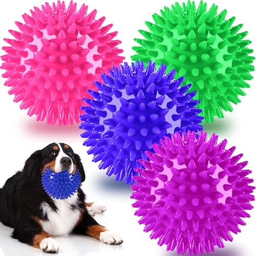 Pweituoet 4.5” Heavy Duty Squeaky Dog Balls for Medium Large Dogs, Dog Toys for Aggressive Chewers, Spike Ball Toys for Clean Teeth and Training(2 Pack) (4.5" 4apck) by PWEITUOET