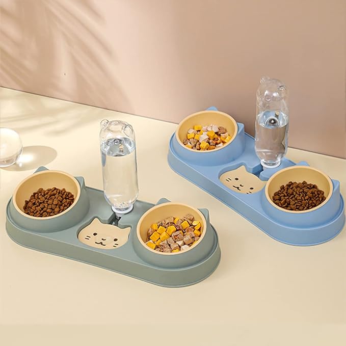 Triple Cat Food Bowls with Water Dispenser, Plastic Raised Cat Dishes, Automatic 3 in 1 Pet Bowls, 2 Food Bowls and Water Feeder Set, Wet and Dry Food Bowl Set for Cats Puppy Small Dogs (Dark Green)