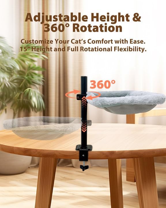 L&W BROS. Cat Desk Bed – Clamp-On Desk Cat Hammock with 360° Rotating Arm, Adjustable Height Cat Perch for Desk, Heavy Duty Metal Frame, Dual-Sided Washable Cover, Holds Up to 35LB