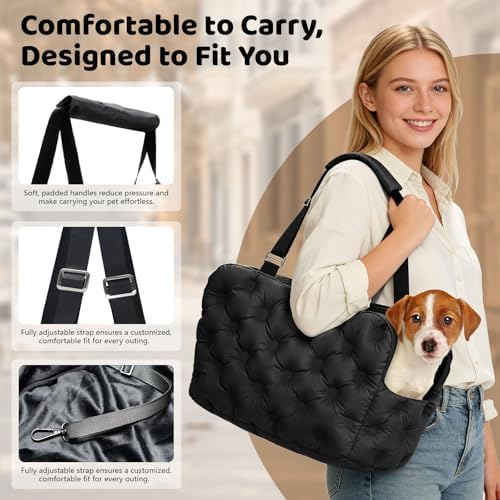 Dog Purse Carrier for Small Dog Cats, Soft Quilted Puppy Carrier Soft-Sided Carriers Bag, Luxury Stylish Small Dog Cat Travel Tote for Pets Up to 11 lbs (Black, 15.7" L x 7.9" W x 7.1" H) - Image 4