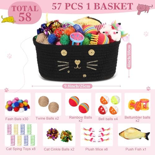Zopeal 58 Pcs Cat Toy Set with Storage Basket Indoor, Black, 9.8 Inch - Image 2