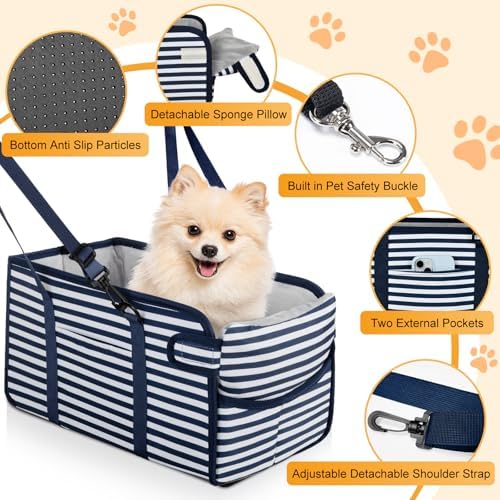 Portable Dog Car Seat for Small Dogs, Puppy Car Seat, Blue Stripes - Image 3