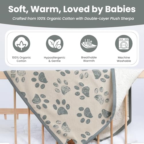 Baby & Pet Blanket 100% Cotton with Sherpa Fleece – Soft Stroller & Cuddle Blanket for Baby, Dog & Cat – Breathable, Hypoallergenic, Washable – 76×96 cm All-Season Blanket Reed Green Beige - Image 2