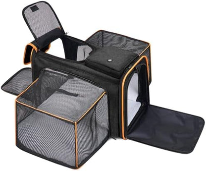 Pet Carrier, Large Soft Sided Expandable Travel Carrier with Steel Frame, Anti-Scratch Mesh, Removable Fleece Pad and Pockets for Cats, Dogs and Small Animals up to 15 lbs (Black, 4 Sides Expandable) by Handor