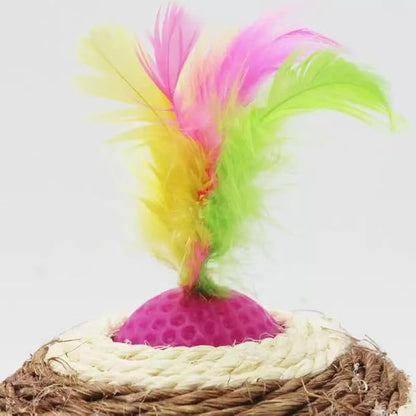 1x Hemp Ball Cat Toy,Six-Hole Hollow-Out Designed,Sisal Hemp Woven Cat Toy, Plume Bell Inside,Special Kitten Chew Toys for Indoor Cats,Interactive pet (Yellow, 12cm Ball)