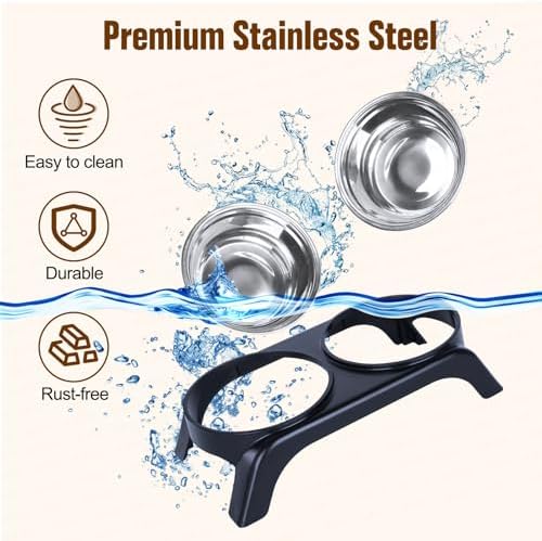 Elevated Cat Bowls - Anti-Vomiting Raised Food Bowl Set With 2 Stainless Steel Bowls, Prevents Neck Pain, ABS Anti-Slip Stand for Indoor Cats & Puppies (Black) - Image 4