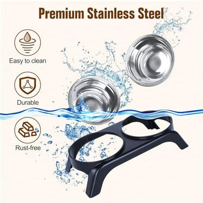 Elevated Cat Bowls - Anti-Vomiting Raised Food Bowl Set With 2 Stainless Steel Bowls, Prevents Neck Pain, ABS Anti-Slip Stand for Indoor Cats & Puppies (Black) - Image 4