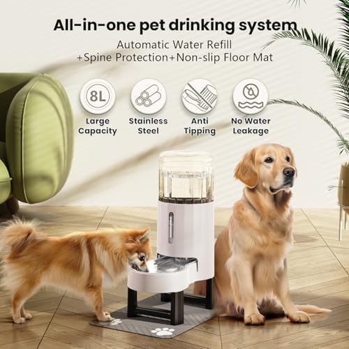 CZPET Gravity Dog Water Bowl Dispenser, Wider Mouth (8L+Stand+Mat, White) - Image 4
