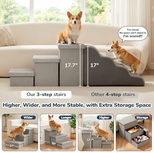 3-Step Dog Stairs for Large Dogs with Storage 18" H, Light Grey - Image 4