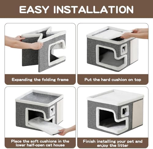 Cat Houses for Indoor Cats, Covered Cave Bed with Scratch Pad and Fluffy Ball, Foldable Cat Hideaway Condo for Large Cats, Modern Kitten Bed,16.5x16.5x13 inches (Grey, Large) - Image 6