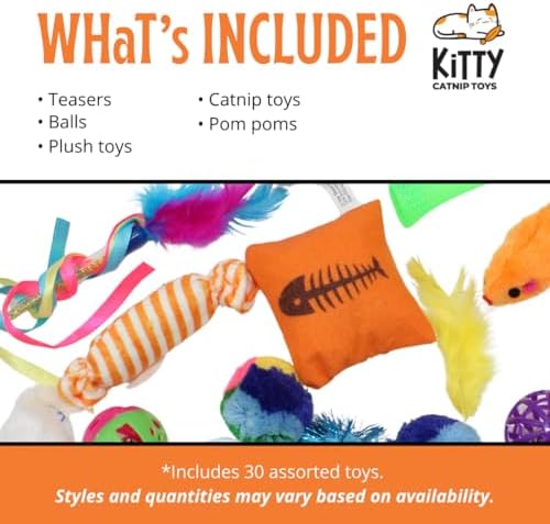 Kitty Catnip Toys- 30 Interactive Cat Toys for Indoor Cats & Kittens – Crinkle Balls, Sparkle Pom Pom Balls, Spiral Springs, Cat Mice, Teaser Wand, Kitten Toys, Cat Accessories - Variety Pack - Image 3
