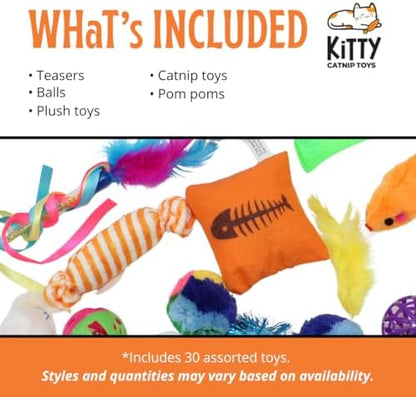 Kitty Catnip Toys- 30 Interactive Cat Toys for Indoor Cats & Kittens – Crinkle Balls, Sparkle Pom Pom Balls, Spiral Springs, Cat Mice, Teaser Wand, Kitten Toys, Cat Accessories - Variety Pack - Image 3