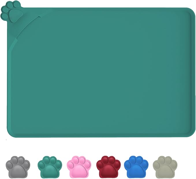 Silicone Pet Food Mat Dog Cat Waterproof Spill Proof Mess Control Easy Clean Floor Protector 18.8L x 11.8W Inch Green