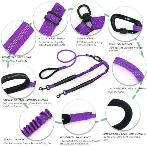 Double Dog Leash No Tangle – Dual Dog Leash for 2 Dogs with Shock Absorbing Bungee, 360° Swivel, Reflective Safety, Heavy Duty for Medium & Large Dogs (Vibrant Purple) - Image 5