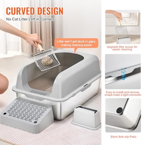 VEVOR Stainless Steel Cat Litter with Lid, XL Extra Large Enclosed Cat Litter Box for Big Cats, High Sides Metal Litter Box, Anti Leakage,Odor-Free & Easy Cleaning,Include Scoop & Foot Board - Image 3