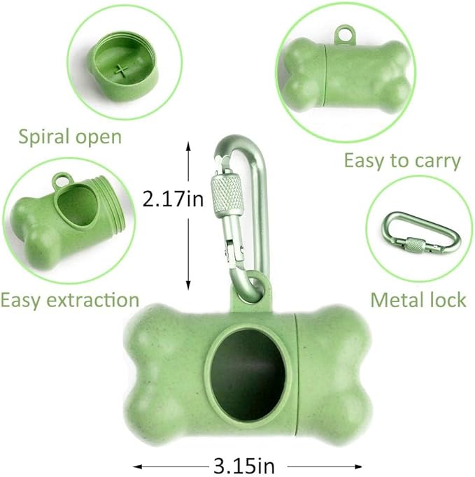 Dog Poop Pickup Bags Holder Dispenser with Standard-Sized Leak-Proof Scented Doggy Waste Bags and Carabiner with Safety Lock&Fastener Never Loose on Leash Lead Again (2 Holder 30 Bags, Green)