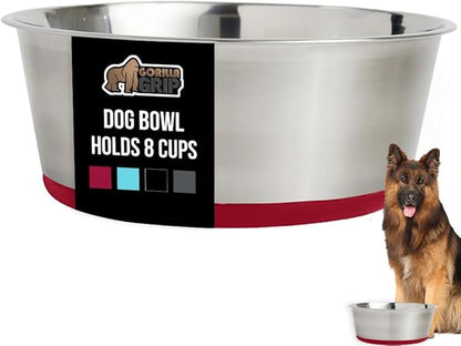 GORILLA GRIP Dog Bowl, Holds 8 Cups (64 fl oz), Food Grade 304 Stainless Steel Food and Water Bowl for Feeding Dogs and Cats, BPA Free Rubber Base, Easy Clean, Dishwasher Safe, Rust Resistant, Red