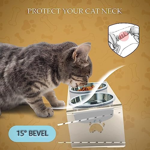 Raised Cat & Dog Bowl, Elevated Pet Feeding Station with 15 Tilted Neck Protective Acrylic Stand, Double Stainless Steel Bowls, for Small, Medium, Large Cats & Dogs - Image 5