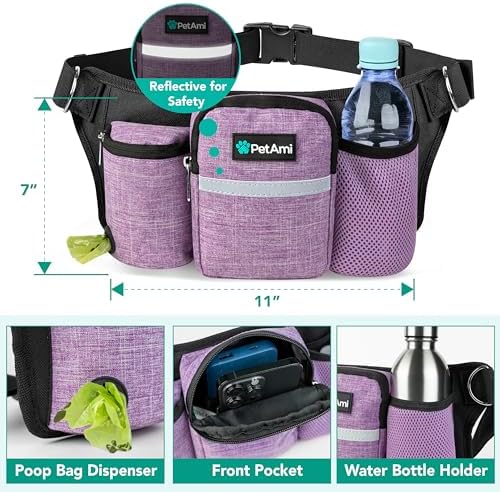 PetAmi Premium Hands Free Dog Leash for 2 Dogs, Adjustable Waist Belt Leash for Dog Walking, Fanny Pack Accessories Bag Dual Bungee Leash for Running, Hiking, Jogging, Biking, Purple - Image 3