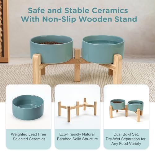 SPUNKYJUNKY Elevated Dog Bowls Ceramic, 6.1'' Dogs and Cat Food Water Bowls Raised with Non-Slip Bamboo Stand for Medium Sized Breed Microwave Dishwasher Safe - 28.7 OZ,Dark Green - Image 6