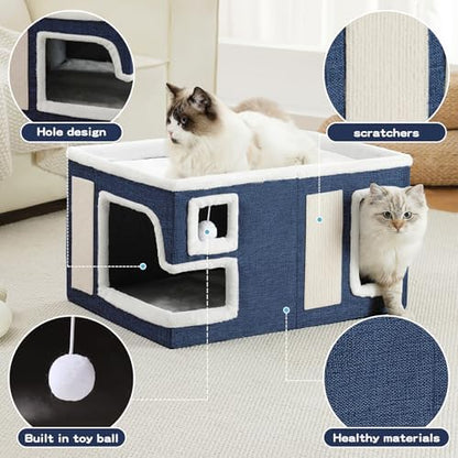 Large Cat Houses for Indoor Cats, Extra Wide Cat Cave Bed with Scratch Pad and Fluffy Ball, Foldable Cat Hideaway Condo for Large Cats, Modern Kitten Bed,23x16x13 inches (Blue, X-Large) - Image 2