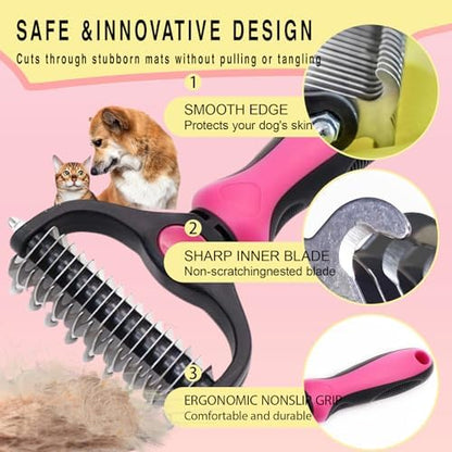 Pet Grooming Rake for Dogs & Cats - Double-Sided Deshedding and Dematting Tool, Gently Remove 95% of Loose Undercoat & Mats for Long-Haired Pets, Painless Fur Brush for Shedding Control (Pink) - Image 5