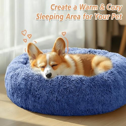JOLLYVOGUE Calming Dog Bed Medium Size Dog, 31in Donut Washable Medium Pet Bed, Anti-Slip & Anti-Anxiety Fluffy Faux Fur Round Dogs Bed, Fits up to 45 lbs Pets (Navy Blue) - Image 5