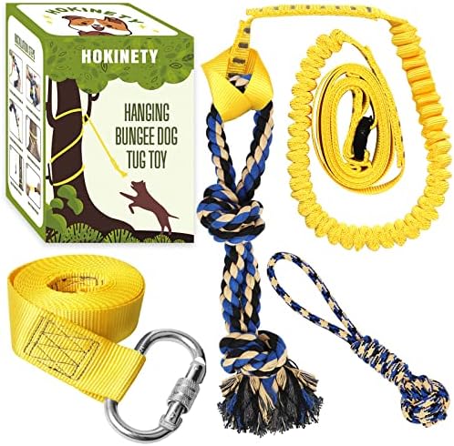 Dog Hanging Bungee Tug Toy: Interactive Tether Tug-of-War for Pitbull Small to Large Dogs to Exercise and Fun Solo Play - Durable Retractable Tugger Dog Rope Toy with 2 Chew Rope Toys by HOKINETY