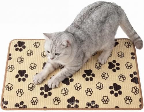 2 Pcs Cat Scratcher Mat Natural Sisal Rug with Cute Paw Print Cat Scratch Scratching Pad Protector for Indoor Floor Wall Couch Furniture with Self-Adhesive Tape 24 x 16 Inch by SilTriangle