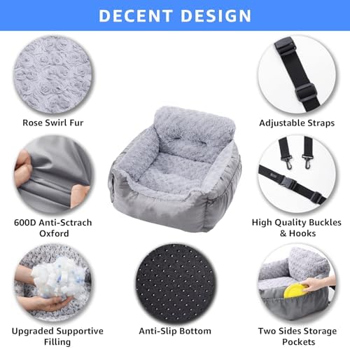 Oiilores Dog Car Seat for Small Dogs, Washable Pet Booster Seats with Clip-On Safety Leash, Comfy Deluxe Plush Carseat with Pockets, Puppy Car Travel Carrier Bed for Dogs Under 25 lbs, Light Grey - Image 3