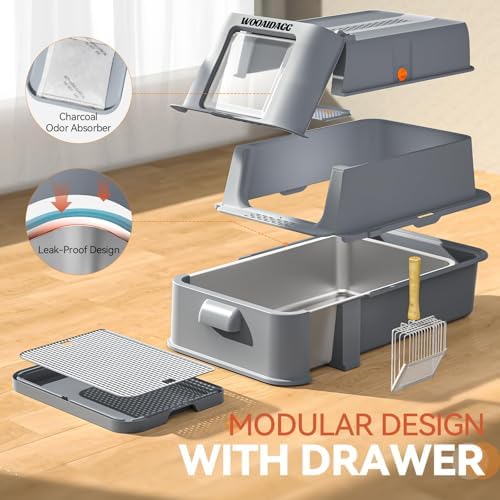 Wooaidagg Enclosed Stainless Steel Cat Litter Box with Odor Control, Modular Design with Drawer and Flip Door, Easy to Clean and Wash,Non-Stick Interior,Extra Large Size Fits All Cats(Dark Grey) - Image 5