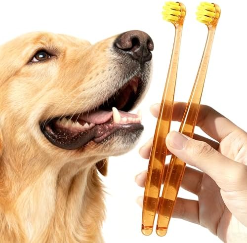 Dog Toothbrushes for Medium and Large Dogs, 2pcs, Ultra Soft Bristle, Long Durable Handle, Pet Tooth Brush and Dental Care Kit, Super Thin Bristle Gentle on Gum for Sensitive Pets, Amber by UZENEY