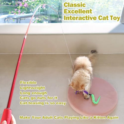 MeoHui Cat Toys for Indoor Cats, Interactive Cat Toy 2PCS Retractable Wand Toy and 9PCS Cat Feather Toys Refills, Funny Kitten Toys Cat Fishing Pole Toy for Bored Indoor Cats Chase and Exercise - Image 2
