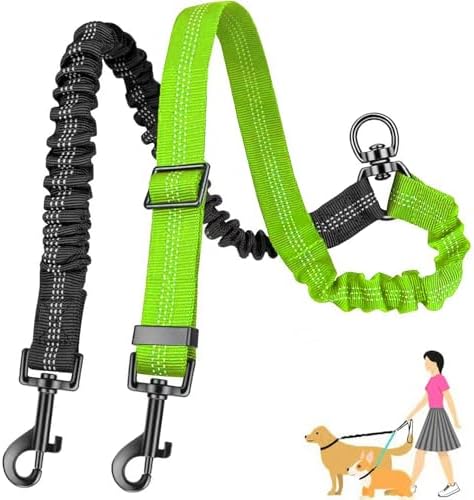 Double Leash for Two Dogs, 2-in-1 No Tangle Design with Bungee Shock Absorber & Adjustable Strap for Walking, Running, Training (Green) by AKEISHE