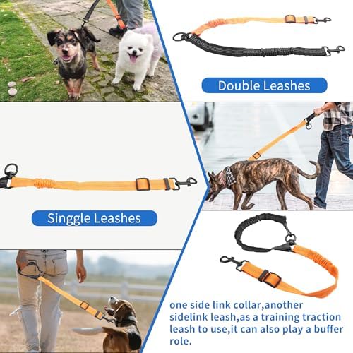 YAODHAOD Double Dog Leash,Two Dog Leash Splitter, No Tangle 360° Swivel Rotation Reflective Lead, Adjustable Length Bungee Heavy Duty Walking Training Dual Extension (Black + Orange) - Image 4