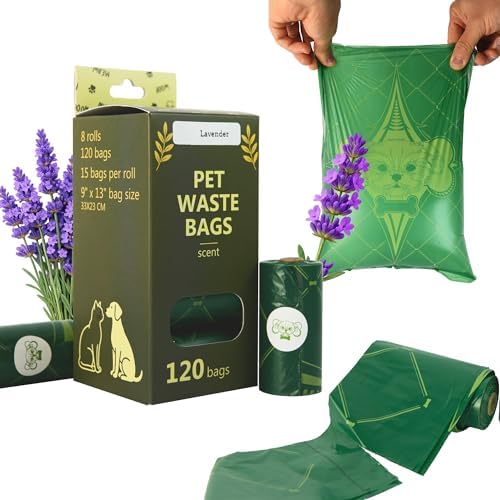 Thick Dog Poop Bags Rolls, Leak-Resistant Pet Waste Bags, 120 Count (8 Rolls), 9x13 in Large, Lavender Scented, Fits Most Dispensers, Green by Unknown