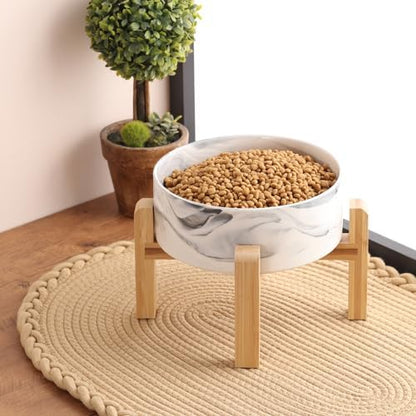 Elevated/Raised Dog Bowl Ceramic with Wood Stand for Small Medium Breed,Dog Food Water Dish Heavy, 6 in Non Slip Modern Cute Porcelain Pet Bowl Marble Grey - Image 5