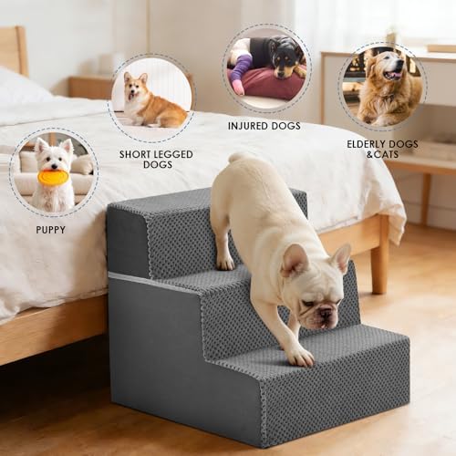 DUMOS Dog Stairs for Small and Medium Dogs, 3-Step Pet Steps, Standard,Grey - Image 2