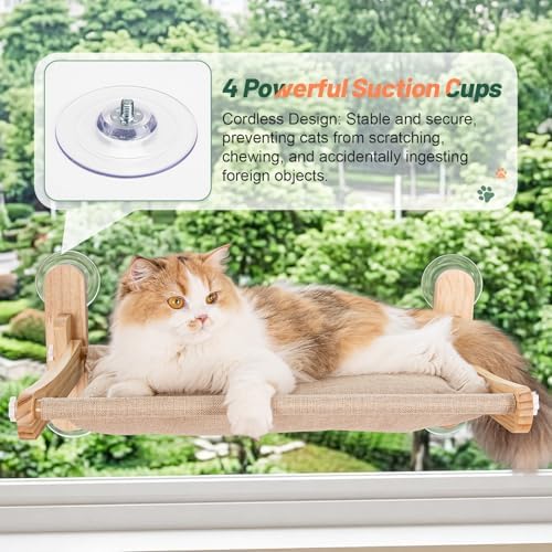 Large Foldable Cat Window Perch - Natural Pine Cat Sill Seat, 50LBS Heavy Duty Cordless Design, Space-Saving No-Scratch Window Hammock for Indoor Cats - Image 2