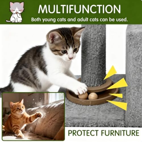 Small Cat Tree for Indoor Cats, Activity Cat Tower with Scratching Post for Kittens, Modern Cat Furniture with Basket & Hanging Ball for Play Rest, Grey - Image 5